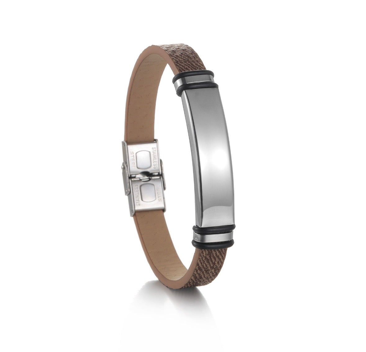 B742 pulsera cafe ronda grabada acero inoxidable hombre