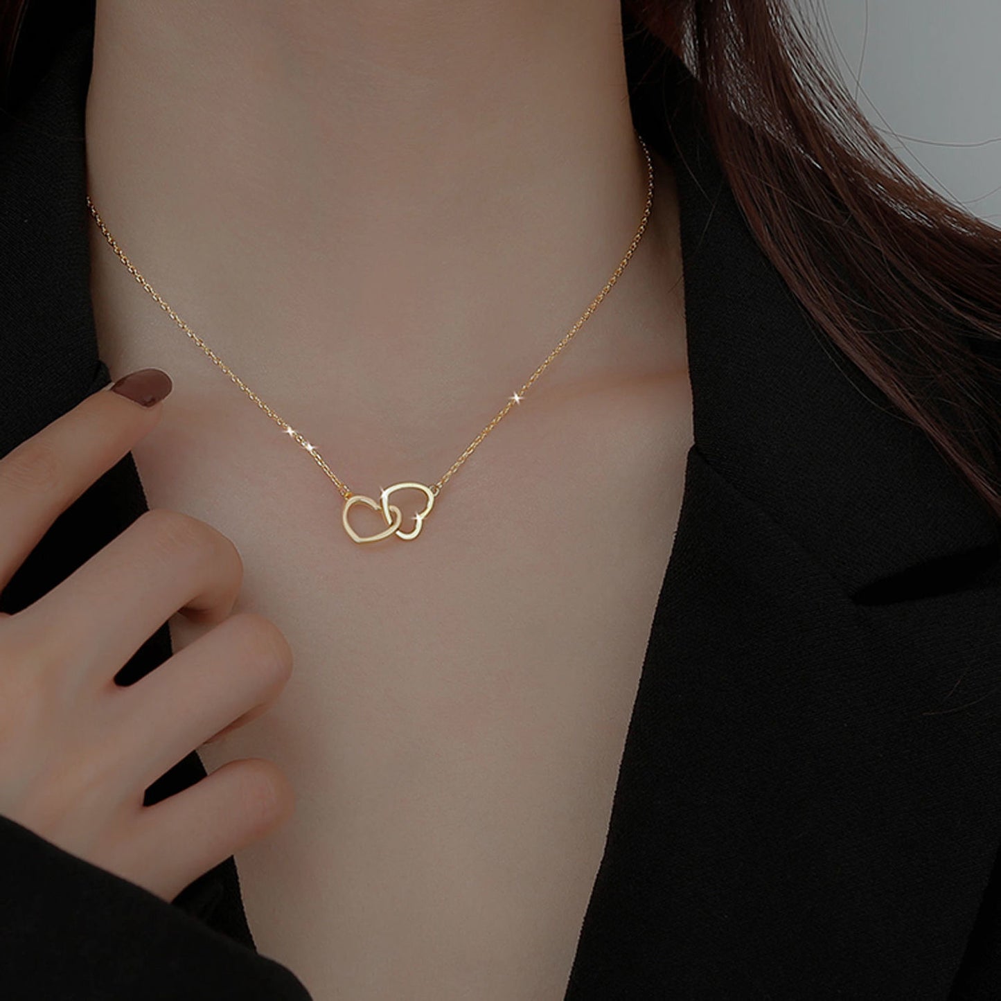 C355 Collar corazones acero inoxidable chapado en oro 18K largo 23cm dije 1.5cm