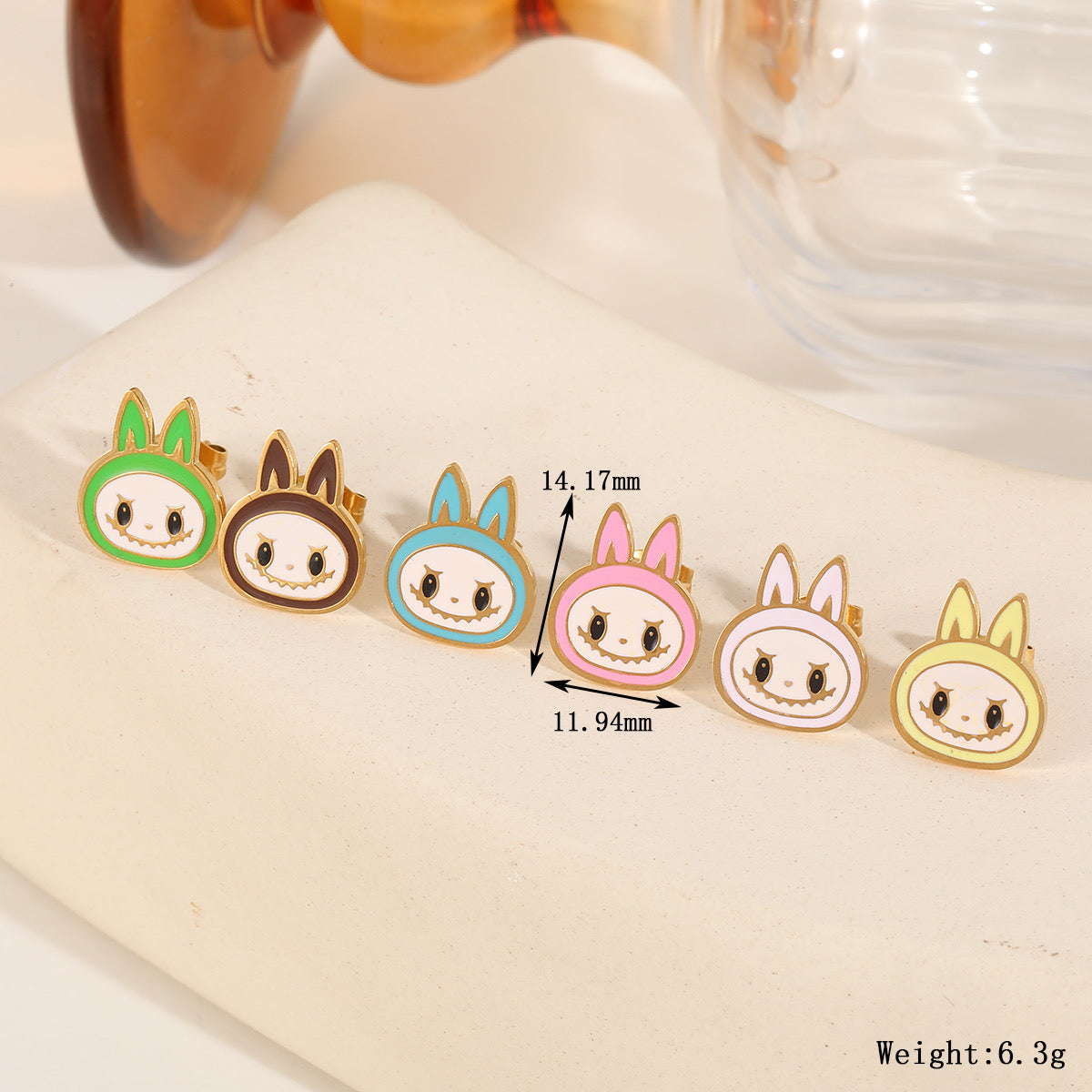 E3205 Conjunto de aretes labubu acero inoxidable chapado en oro 18k 1.5cm