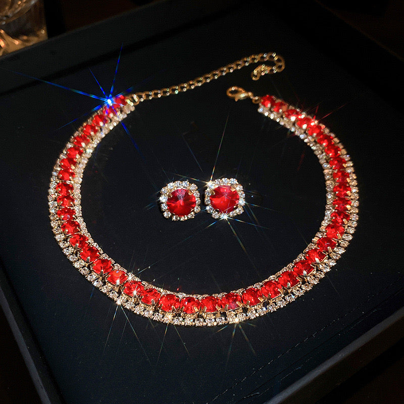 C1617R Conjunto incluye gargantilla aretes cristal diamante imitacion fiesta gargantilla 20cm aretes 1cm