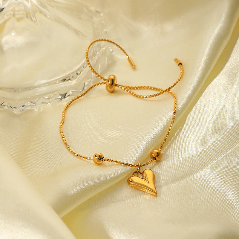 B377 Pulsera ajustable corazon acero inoxidable chapado en oro 18k 12cm dije 5cm
