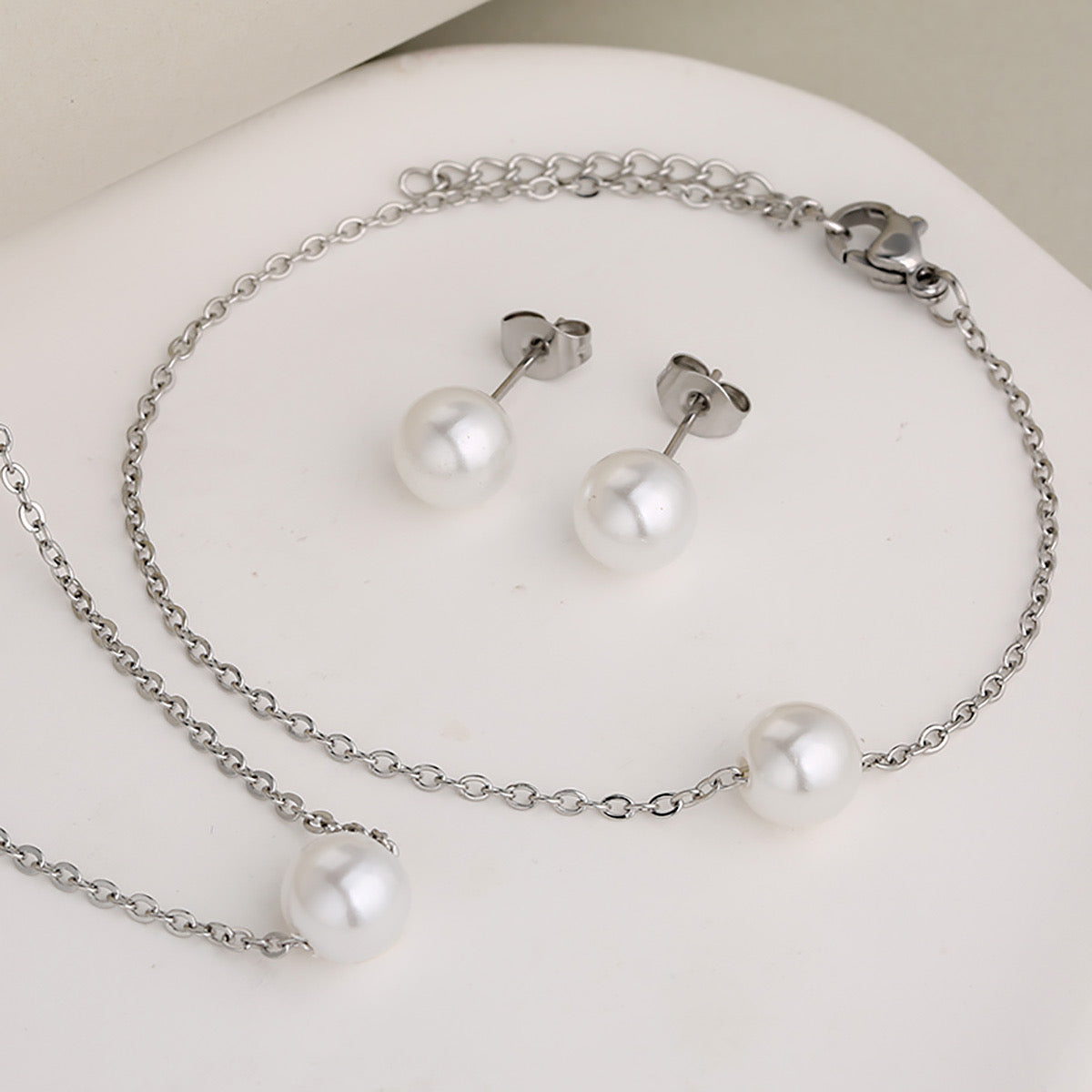 C950 Conjunto de aretes collar y pulsera perla plateado acero inoxidable 23cm largo pulsera 20cm largo