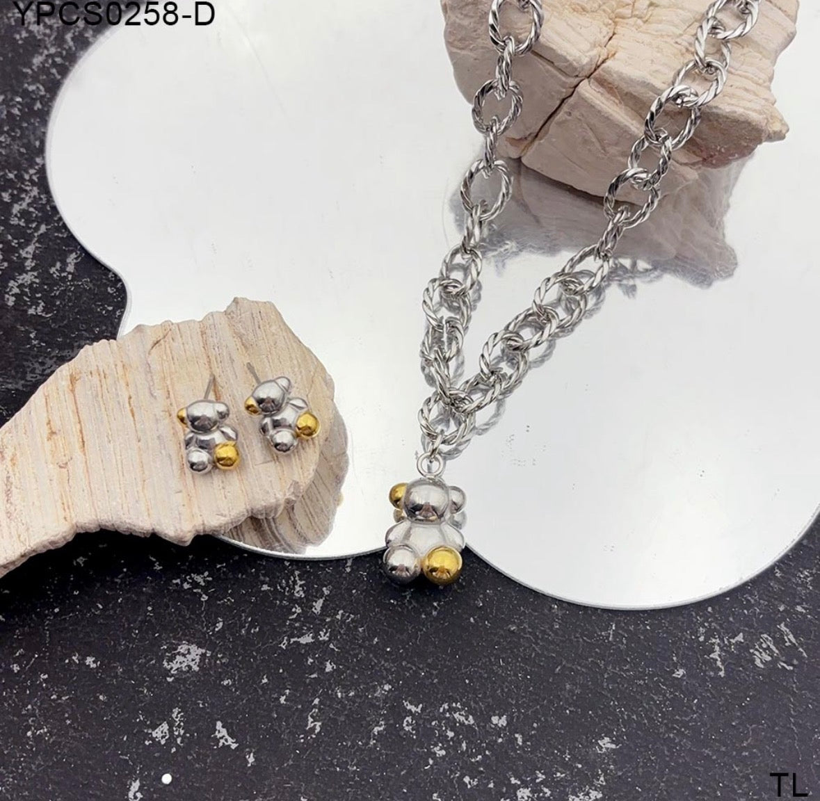 C1214 conjunto de collar y aretes oso plateado acero inoxidable chapado en oro de 18k