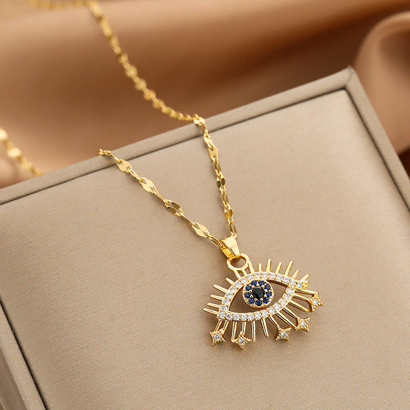 C782 collar ojo de Fátima acero inoxidable chapado en oro de 18k 21cm largo 2.5cm dije