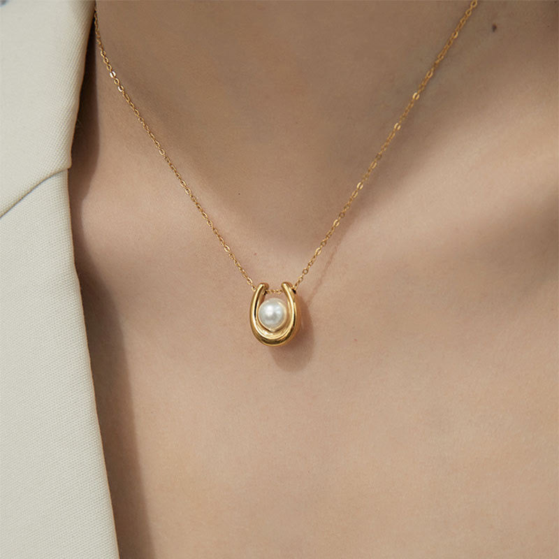 C360 Collar de perla acero inoxidable chapado en oro 18k largo 22cm dije 1.5cm