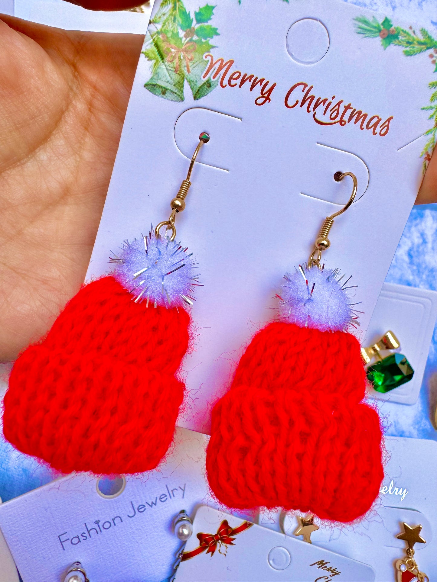 E1918 Aretes gorro Navidad tejido tela calientito 6.5cm
