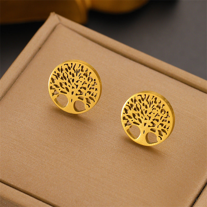 E5872 Aretes circulares árbol de la abundancia acero inoxidable 316 chapado en oro de 18k