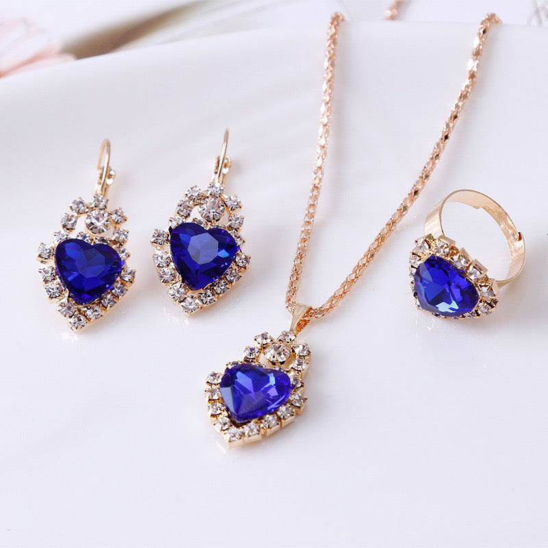 C1032 Conjunto de collar aretes y anillo cristal azul aleacion 21cm largo 2.5cm dije