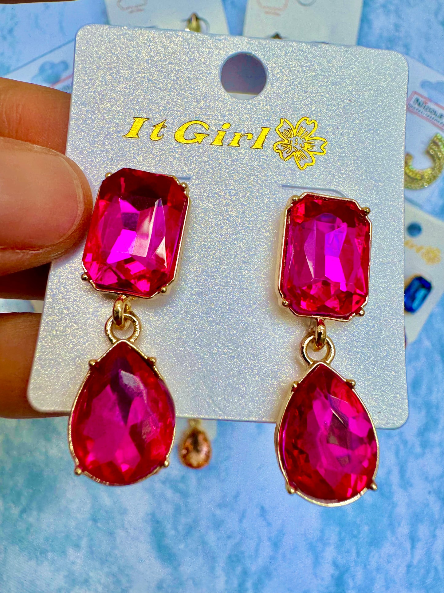 E1887F Aretes incrustacion cristal fucsia fiesta 3.5cm