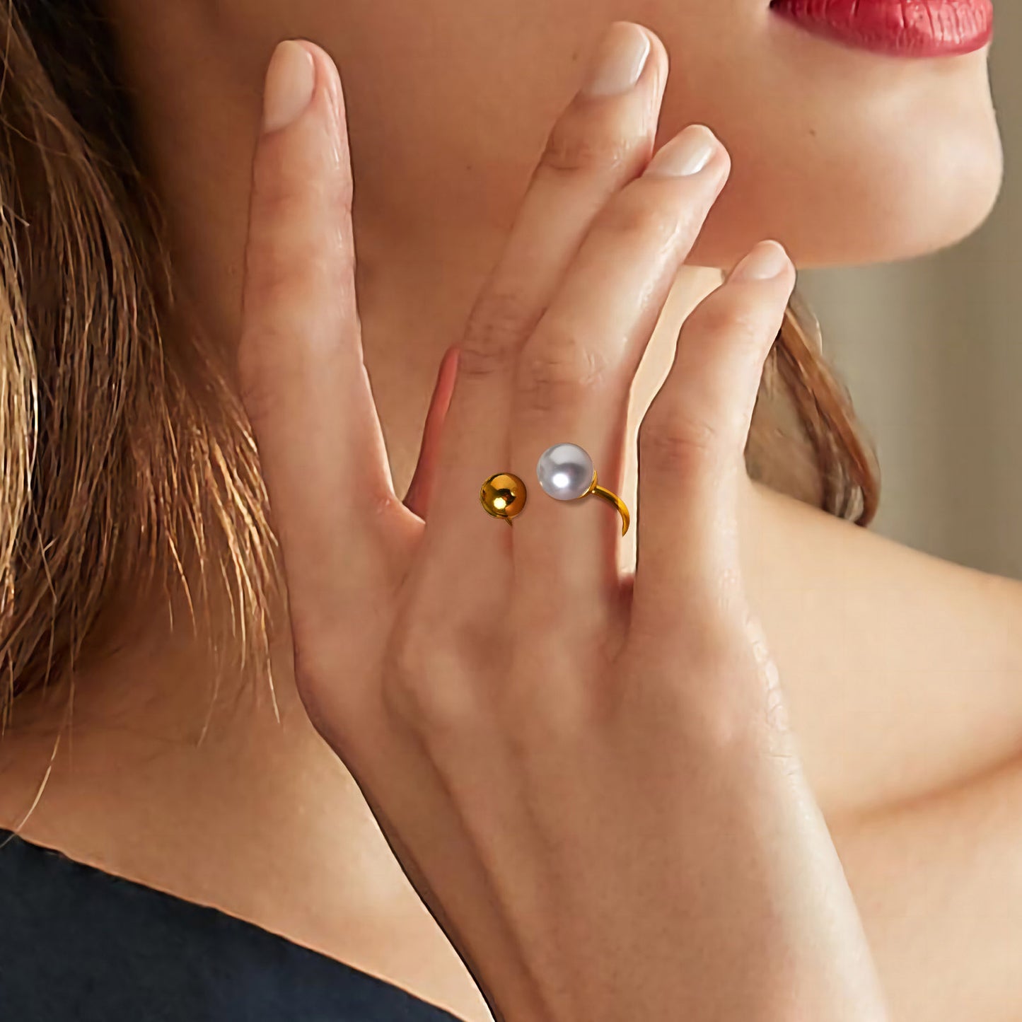 AC183 anillo perla abierto acero inoxidable chapado en oro de 18k