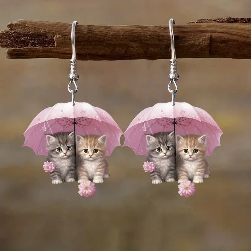 J419 Aretes paraguas gatos tiernos acrilico planos