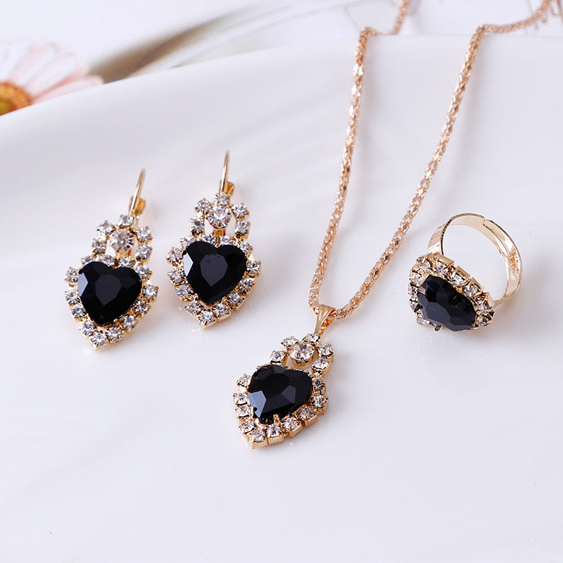 C1032 Conjunto de collar aretes y anillo cristal negro aleacion 21cm largo 2.5cm dije