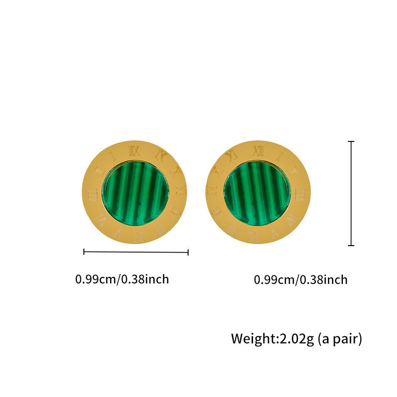 E3714 Aretes círculo verde acero inoxidable chapado en oro de 18k 1cm
