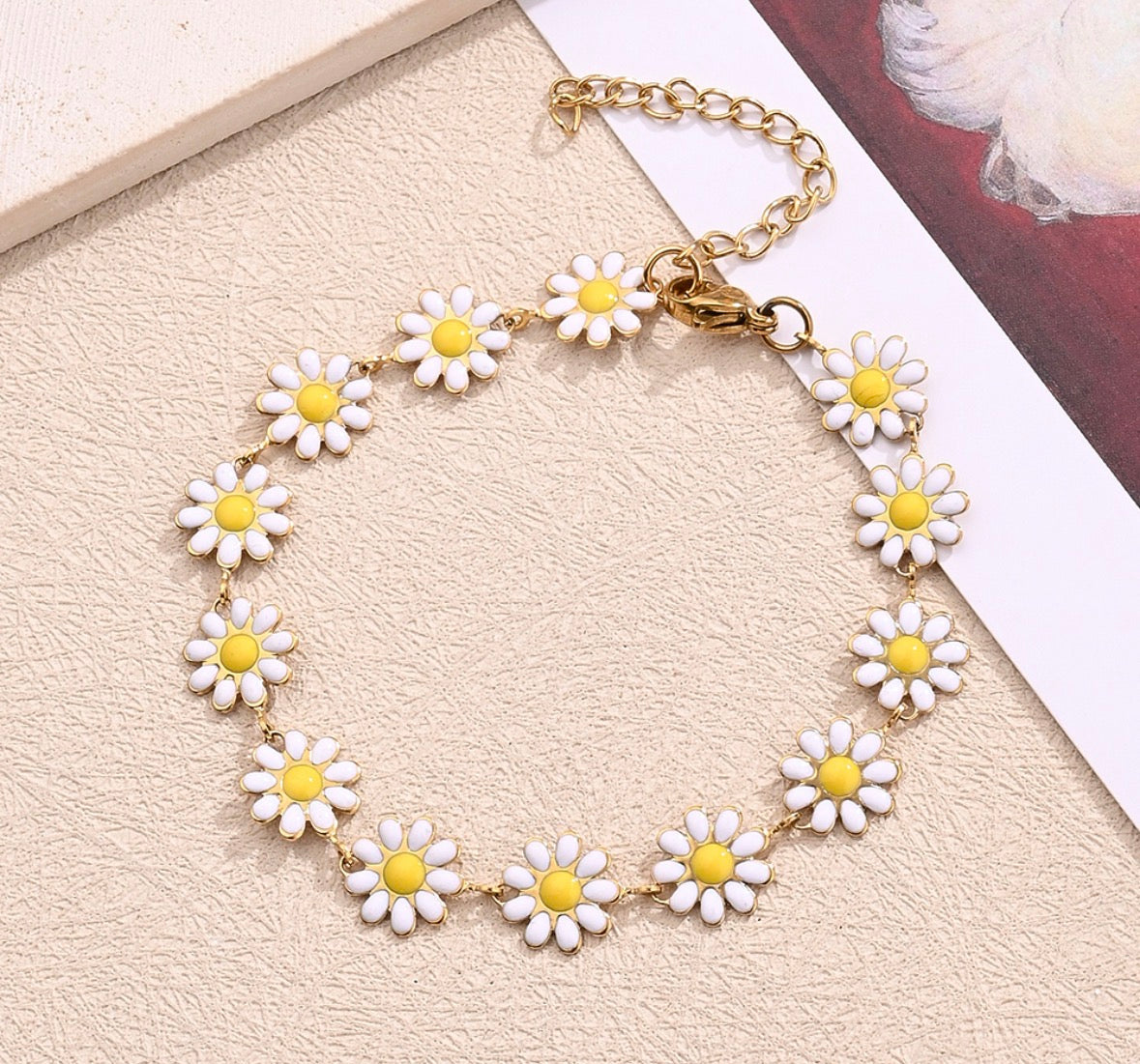 B860 Pulsera flores blancas acero inoxidable 20cm