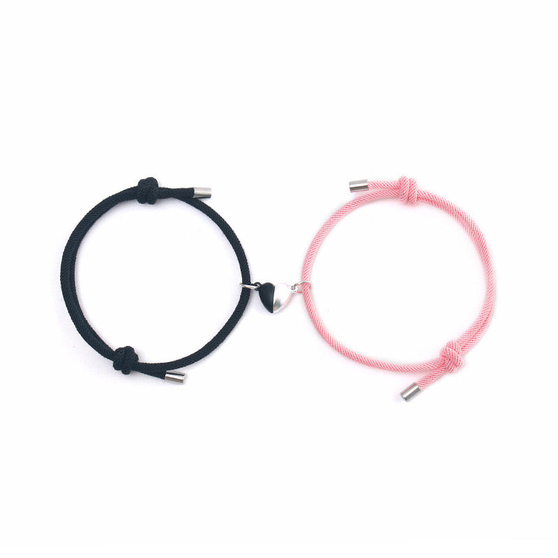 B349NR Pulsera negra y rosa corazon duo pareja soga