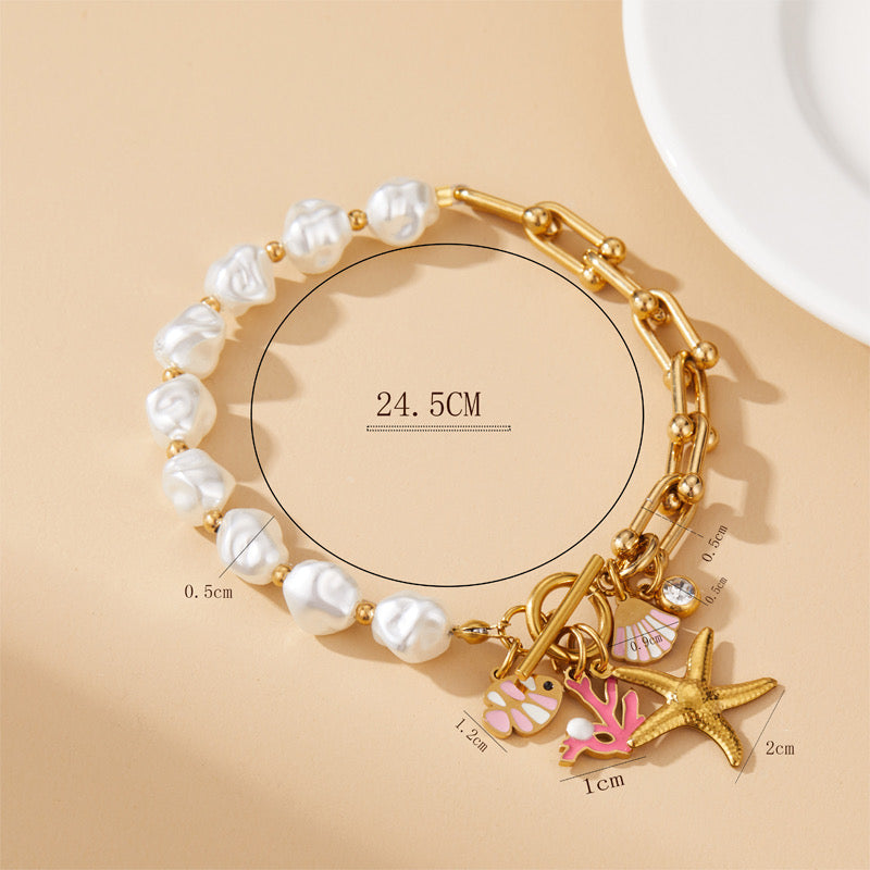 B225 Pulsera perlas estrella mar acero inoxidable chapado en oro 18k largo 24cm