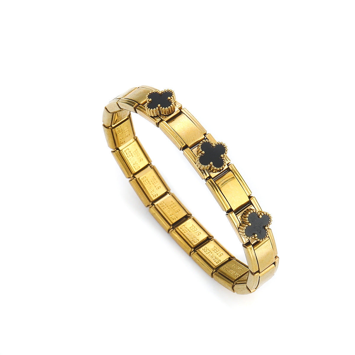 B280 Pulsera italiana trebol negro acero inoxidable chapado en oro 18k 17cm elastica