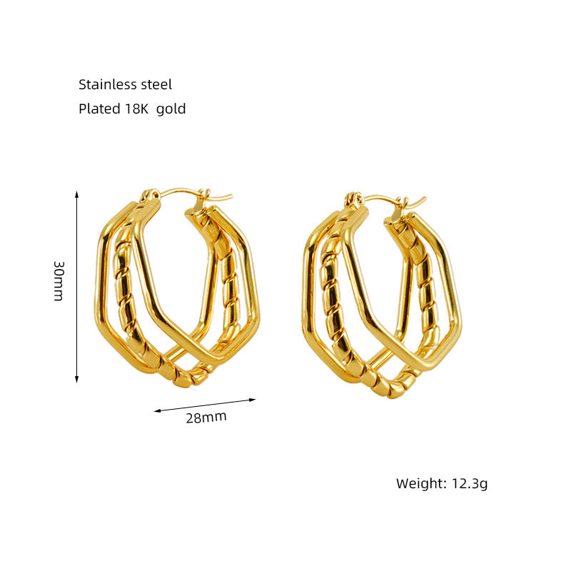 E2600 Arracada triple capa acero inoxidable chapado en oro 18k 3cm