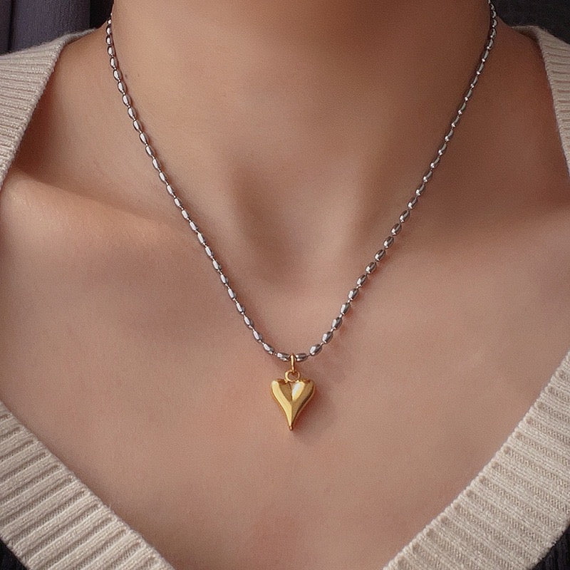 C235 Collar plata corazon dorado acero inoxidable chapado en oro de 18K