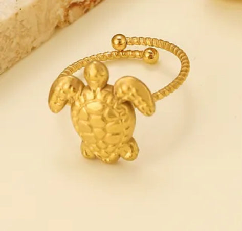 A91 Anillo Ajustable Tortuga Dorada Acero Inoxidable Dije 1.5cm