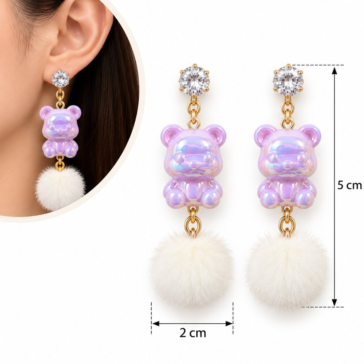 E7549 Aretes oso acrílico con pompon aleacion