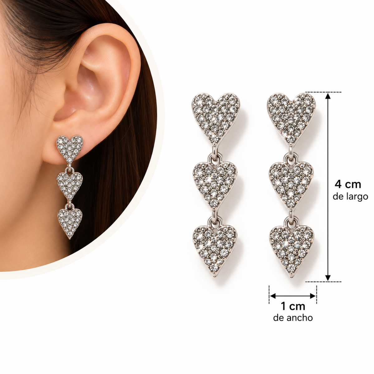 E7543 Aretes corazones con diamantes imitacion aleacion