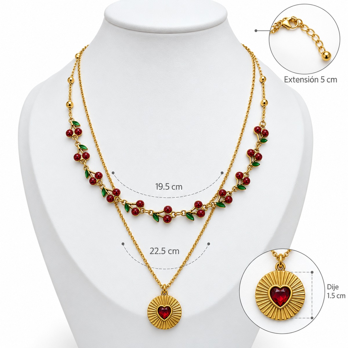 C081 Collar cerezas y dije de corazon de acero inoxidable