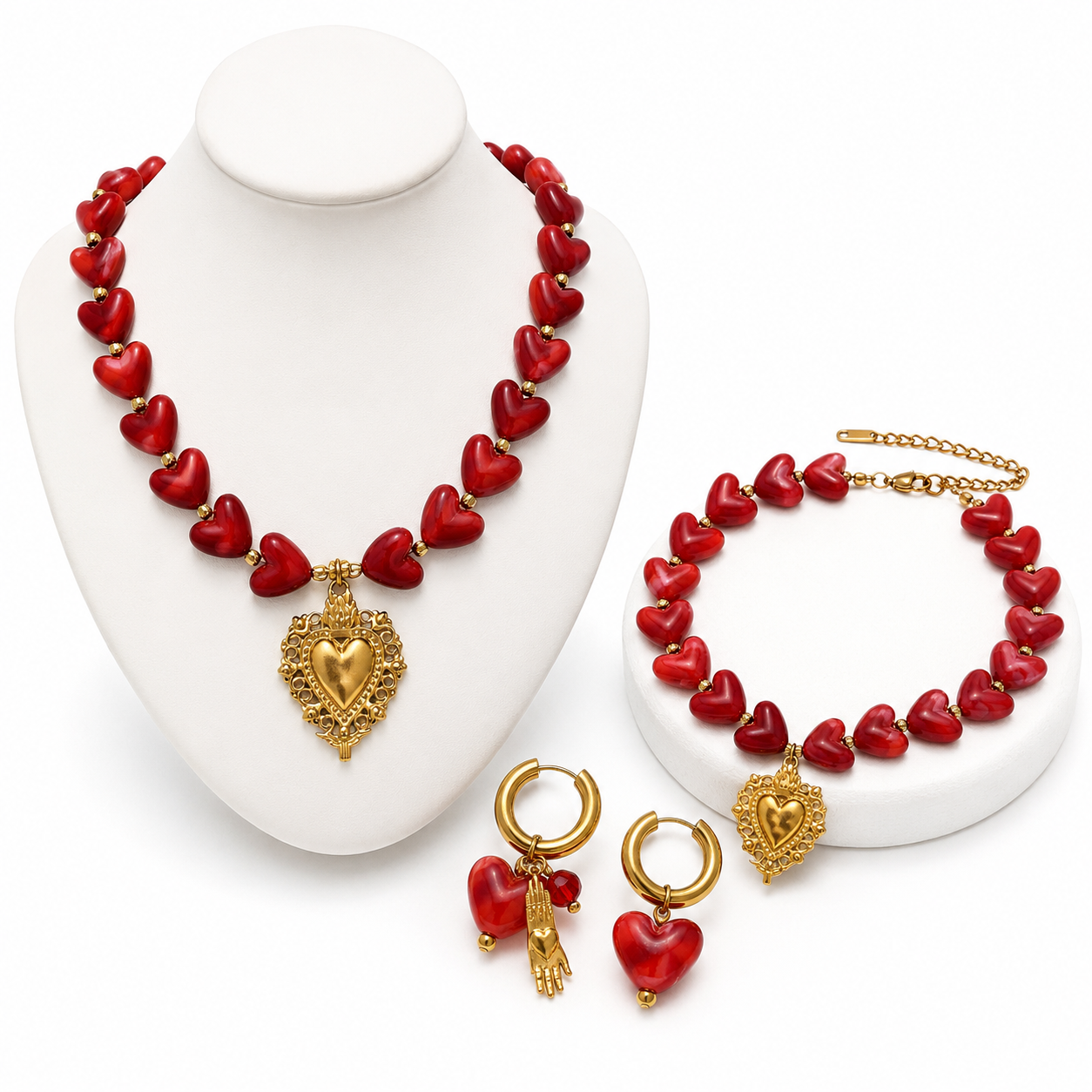 C1400 Conjunto corazones rojos de acero inoxidable chapado en oro
