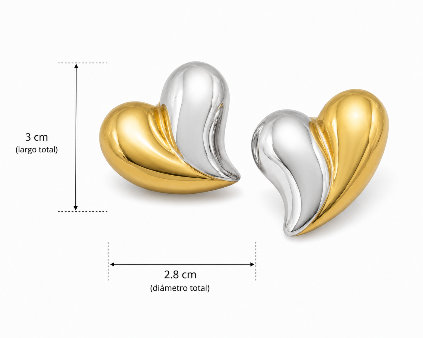 E2617 Aretes corazon dorado y plateado de acero inoxidable con chapado en oro