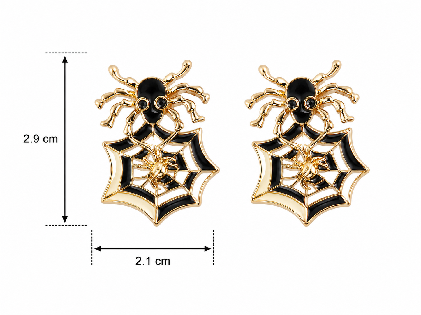 H25 Aretes de bisutería con un diseño de telaraña y araña en tono dorado con esmalte blanco y negro.