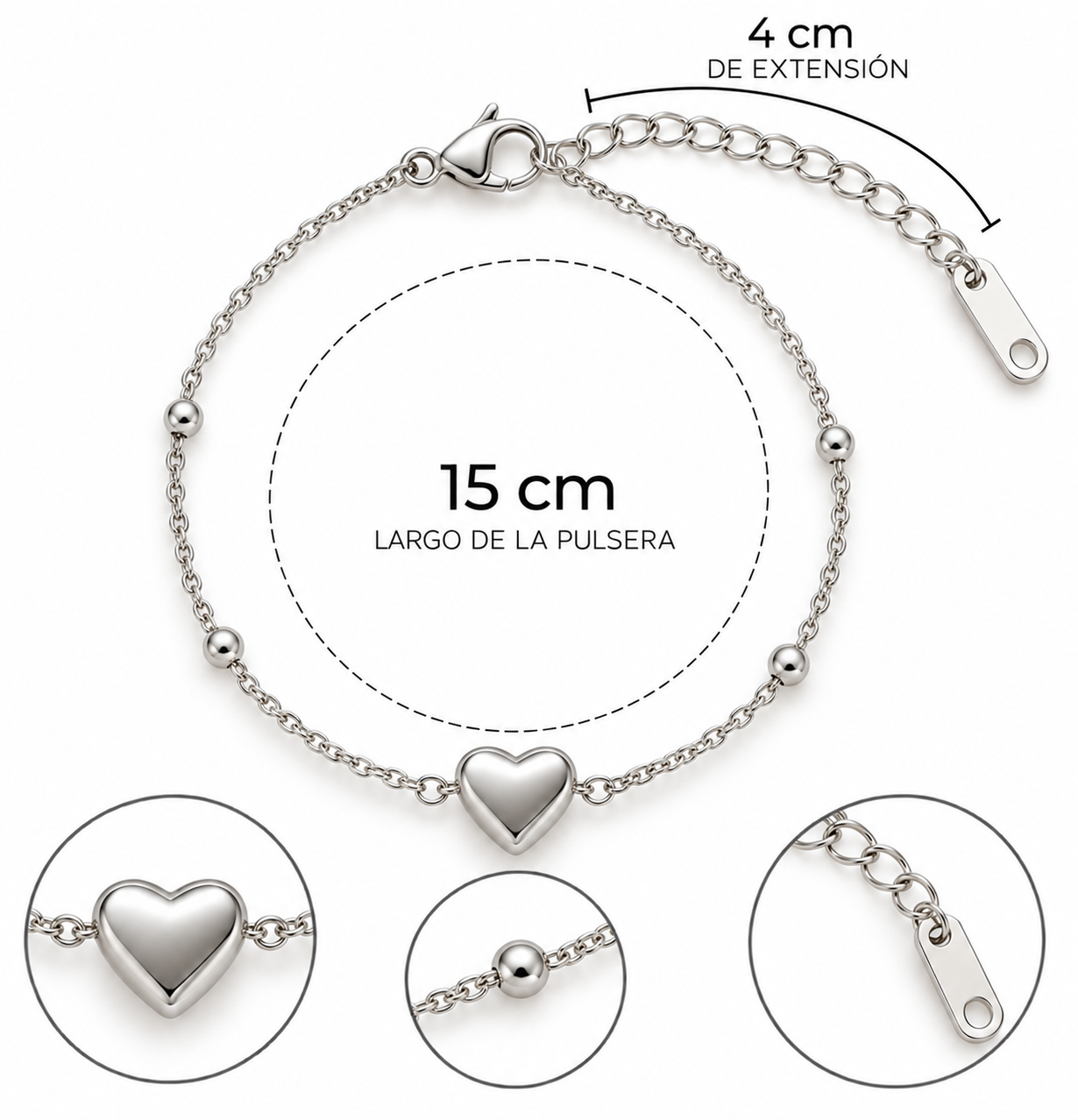 B616 Pulsera corazon plateada de acero inoxidable