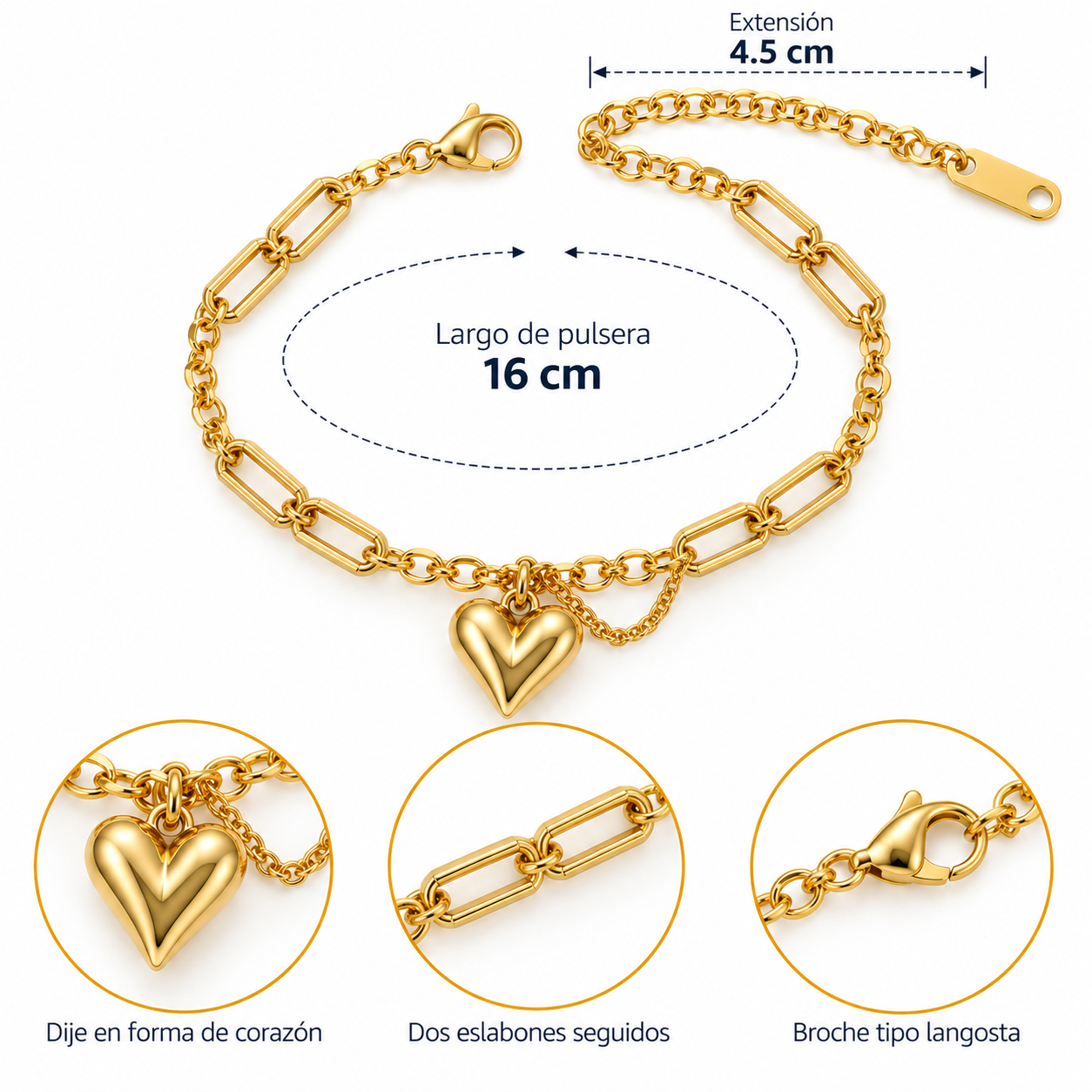 B104 Pulsera dije corazon detalles eslabones y cadena de acero inoxidable