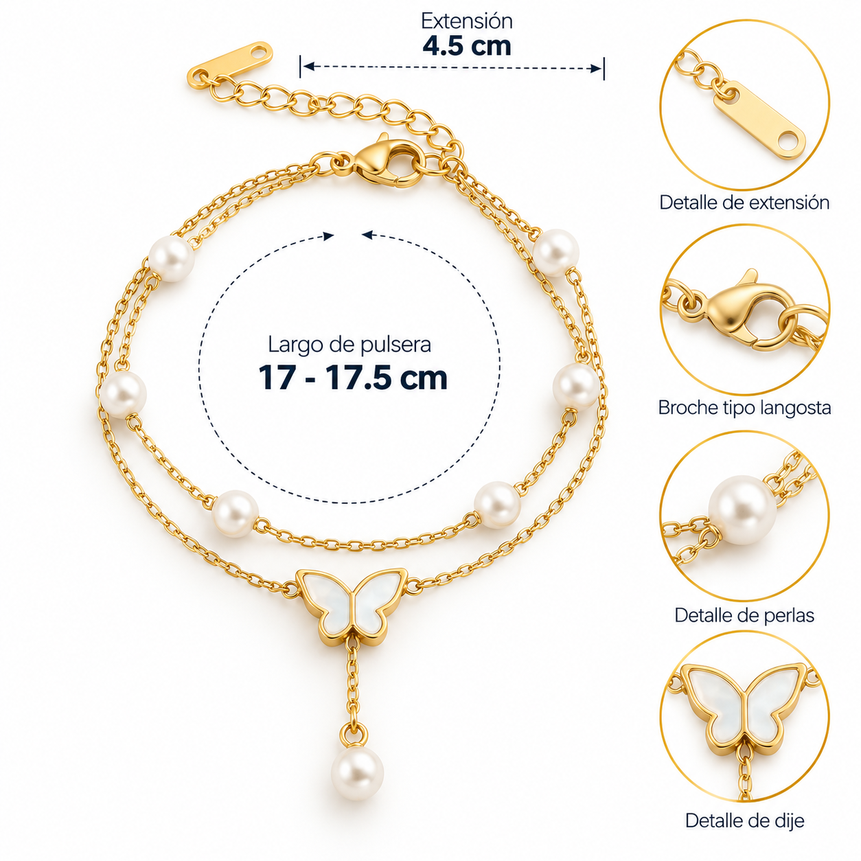 B106 Pulsera mariposa de doble cadena acero inoxidable con un acabado chapado en oro