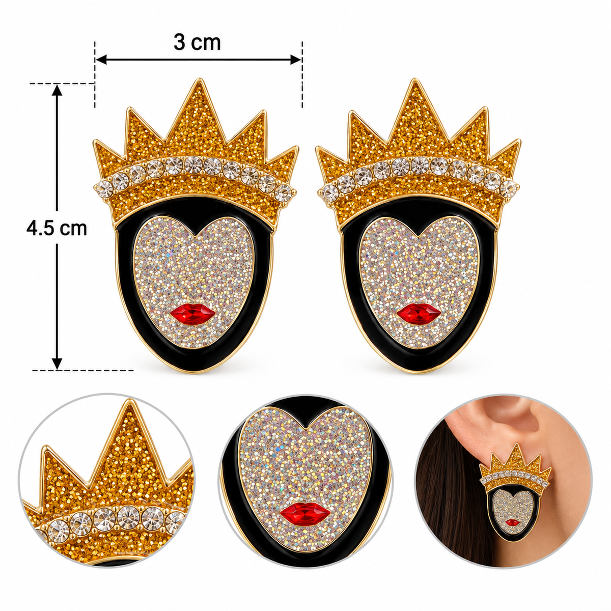 H132 Aretes Reyna dorada de aleacion con diamantes imitacion