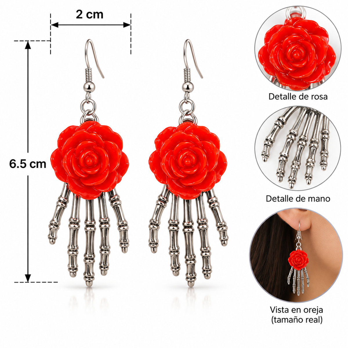 H137 Aretes mano esqueleto con rosa de aleacion