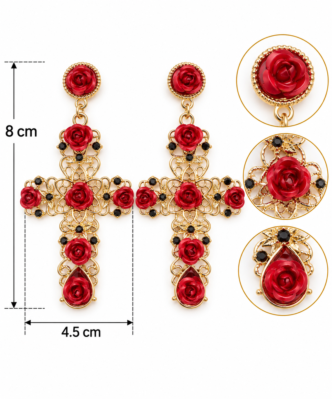H145 Aretes Cruz de Rosas Rojas Aleación