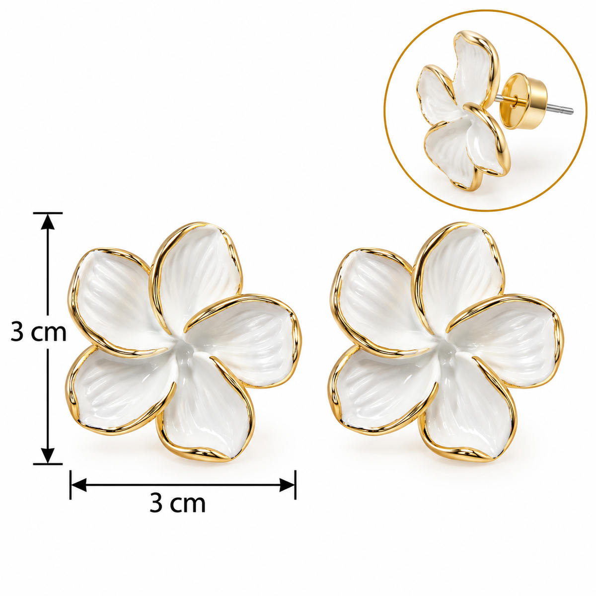 E7388 Aretes flor blanca esmaltada aleacion
