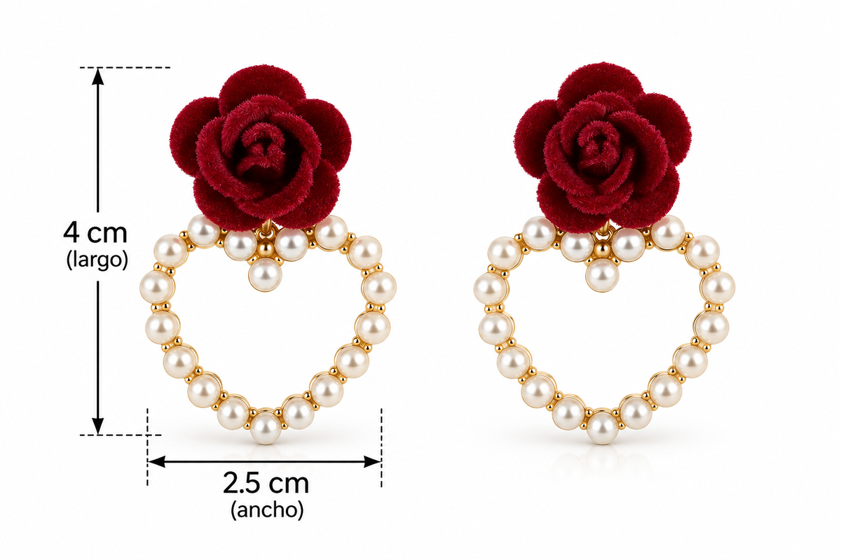 E7422 Aretes rosa corazón de perlas imitacion aleacion