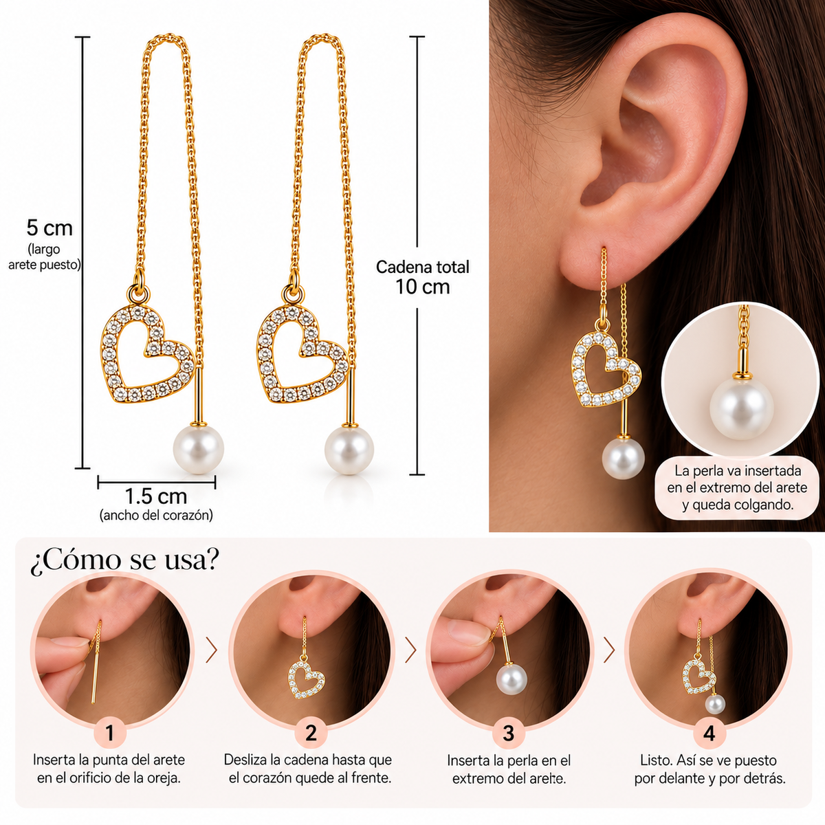 E7441 Aretes corazon perla de aleacion