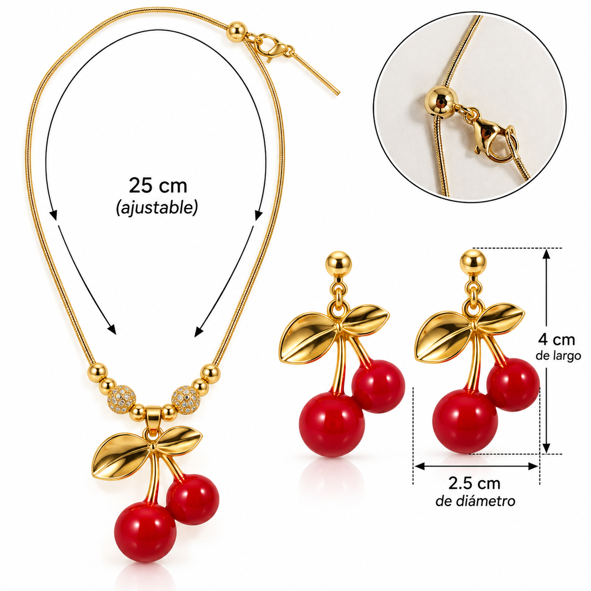 C028 Conjunto cadena y aretes cereza cobre chapado en oro 18k