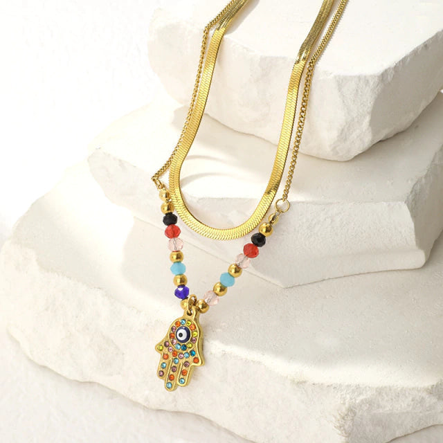 C198 Collar Doble Capa Mano De Fatima Acero Inoxidable Chapado En Oro 18K