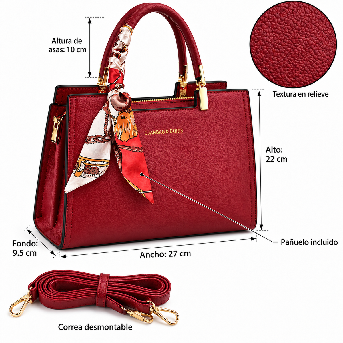 Bolsa color vino de tacto súper suave, textura granulada y excelente acabado. Incluye correa ajustable desmontable y pañuelo estampado.