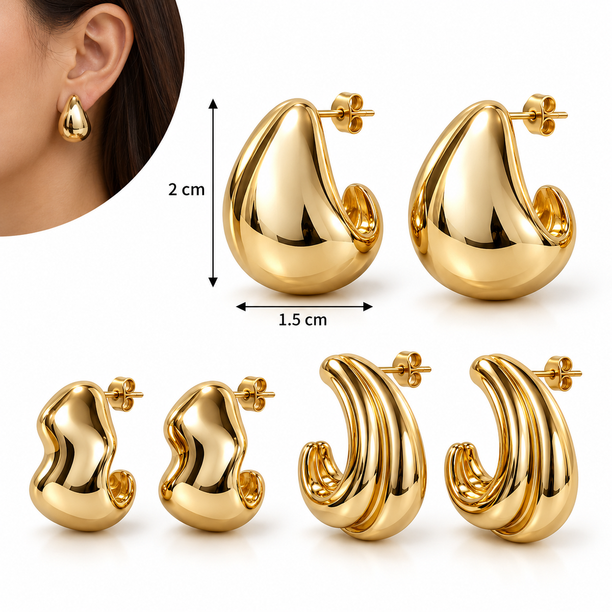 E7562 Set 3 pares arracada acrilico dorado