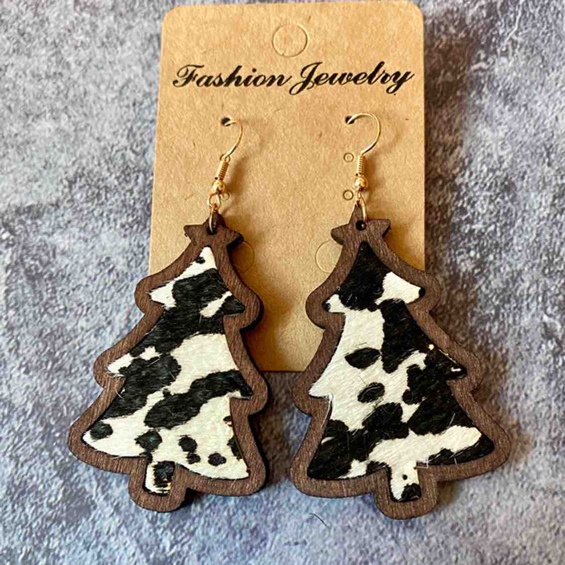 E772 Aretes pino navideño de madera textura tela 7cm