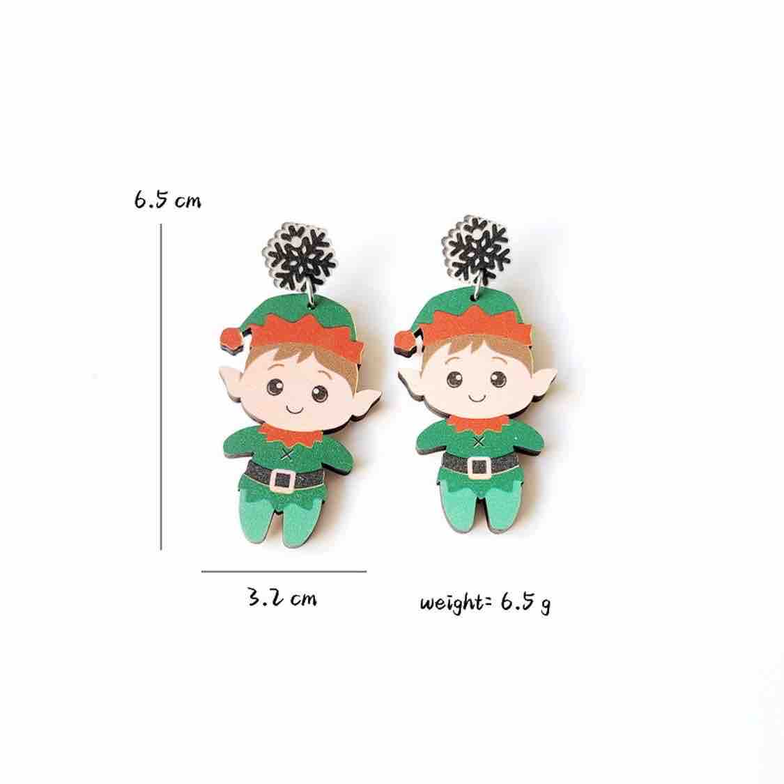 E816 Aretes duende verde navideños de madera 6.5cm
