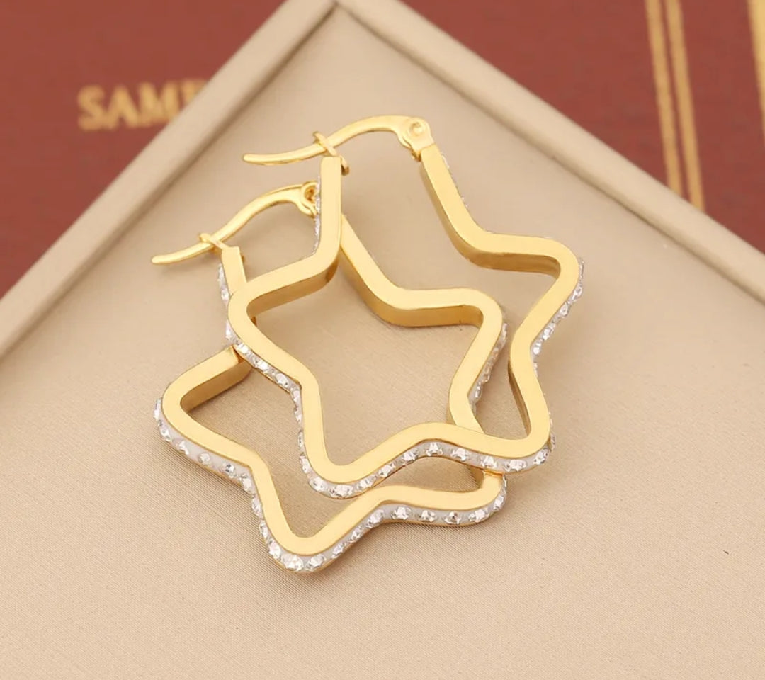 E3125E Aretes arracada estrella dorada acero inoxidable chapado en oro 4.5cm