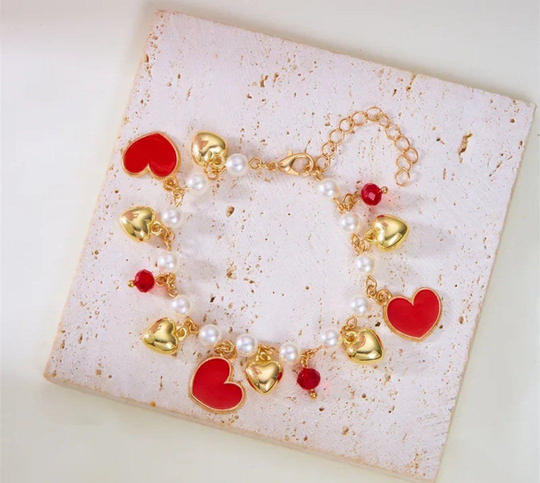 B345 Pulsera corazones rojos aleacion 21.5cm
