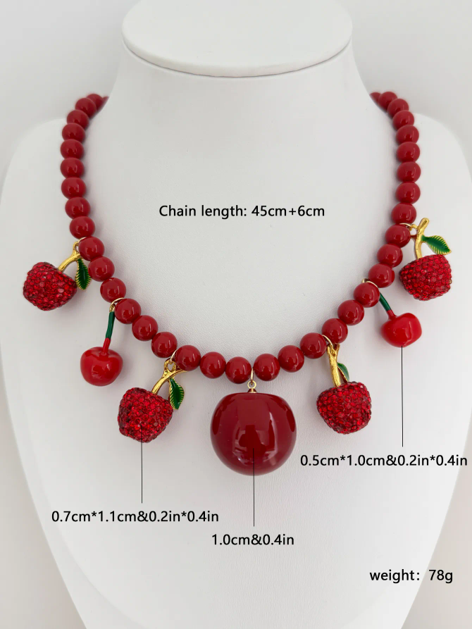 J558 Collar cerezas rojas cuentas resina laton 23cm