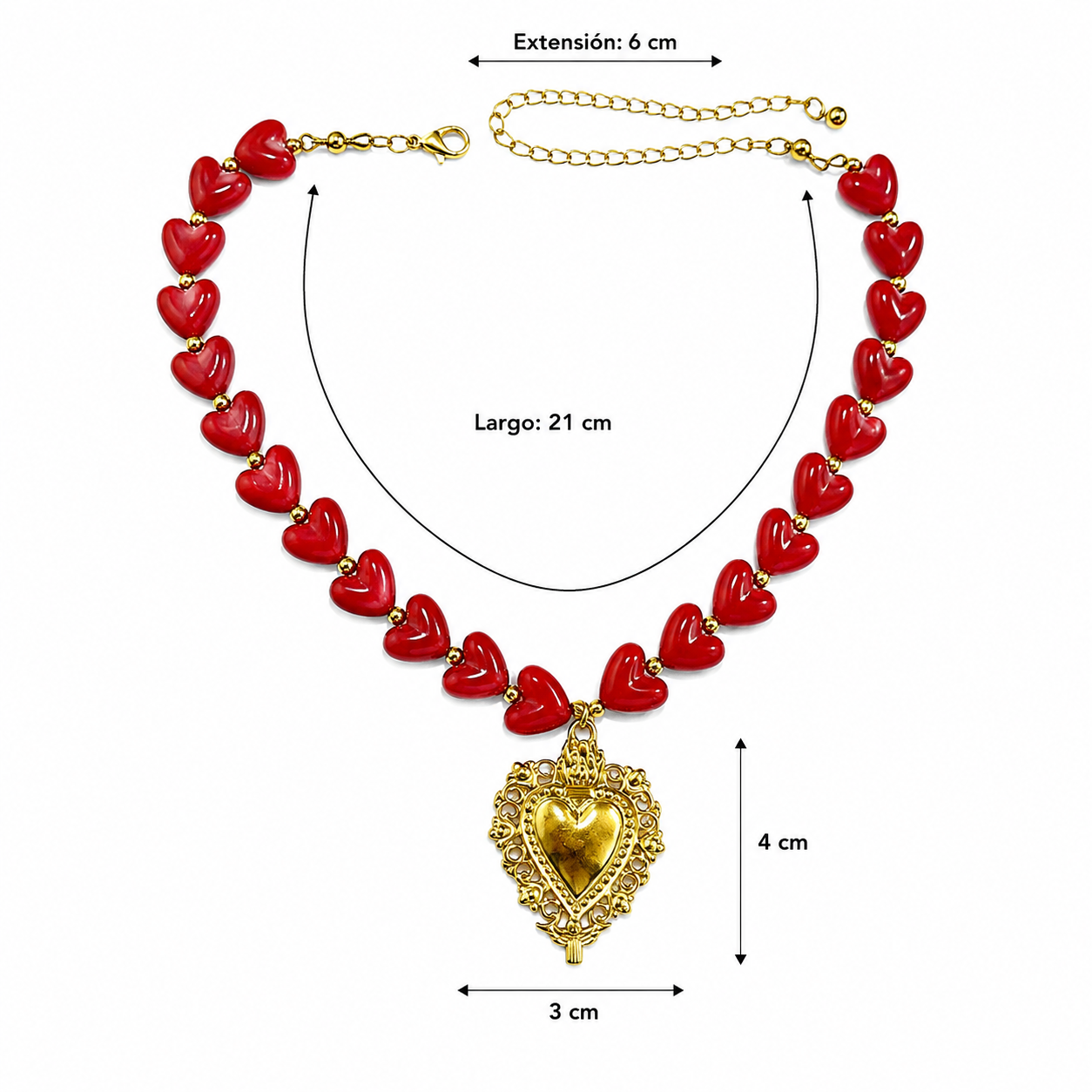 C1500 Collar corazones rojos de acero inoxidable con chapado en oro dije dorado de corazon