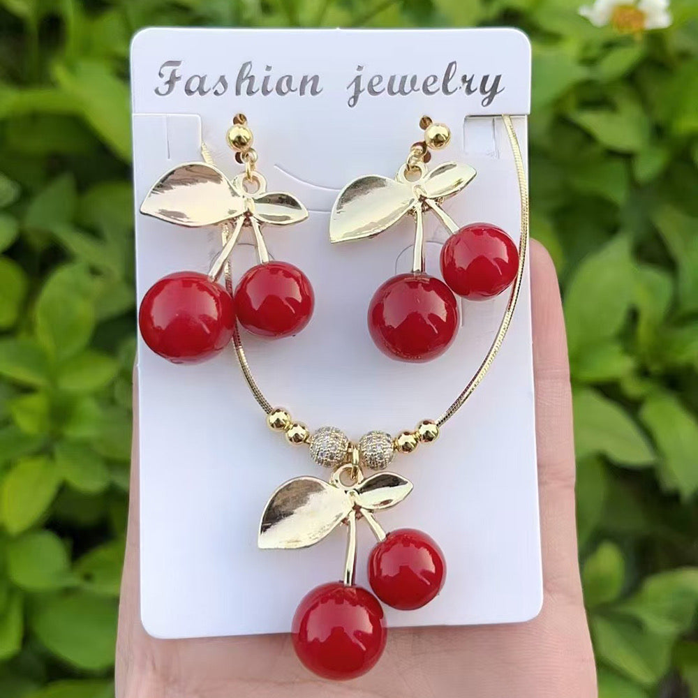 C867 Conjunto de collar aretes cerezas cobre de 18k 22cm de largo 4cm dije y 4.5cm aretes